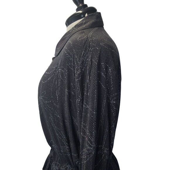 Halston Heritage Black & Silver Patterned Dress With Tie Waist & Flared Sleeves - Picture 13 of 16